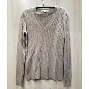 LOFT V-Neck Sweater, Women's Small, Cable Knit, Beige, Wool Nylon Blend, Soft!